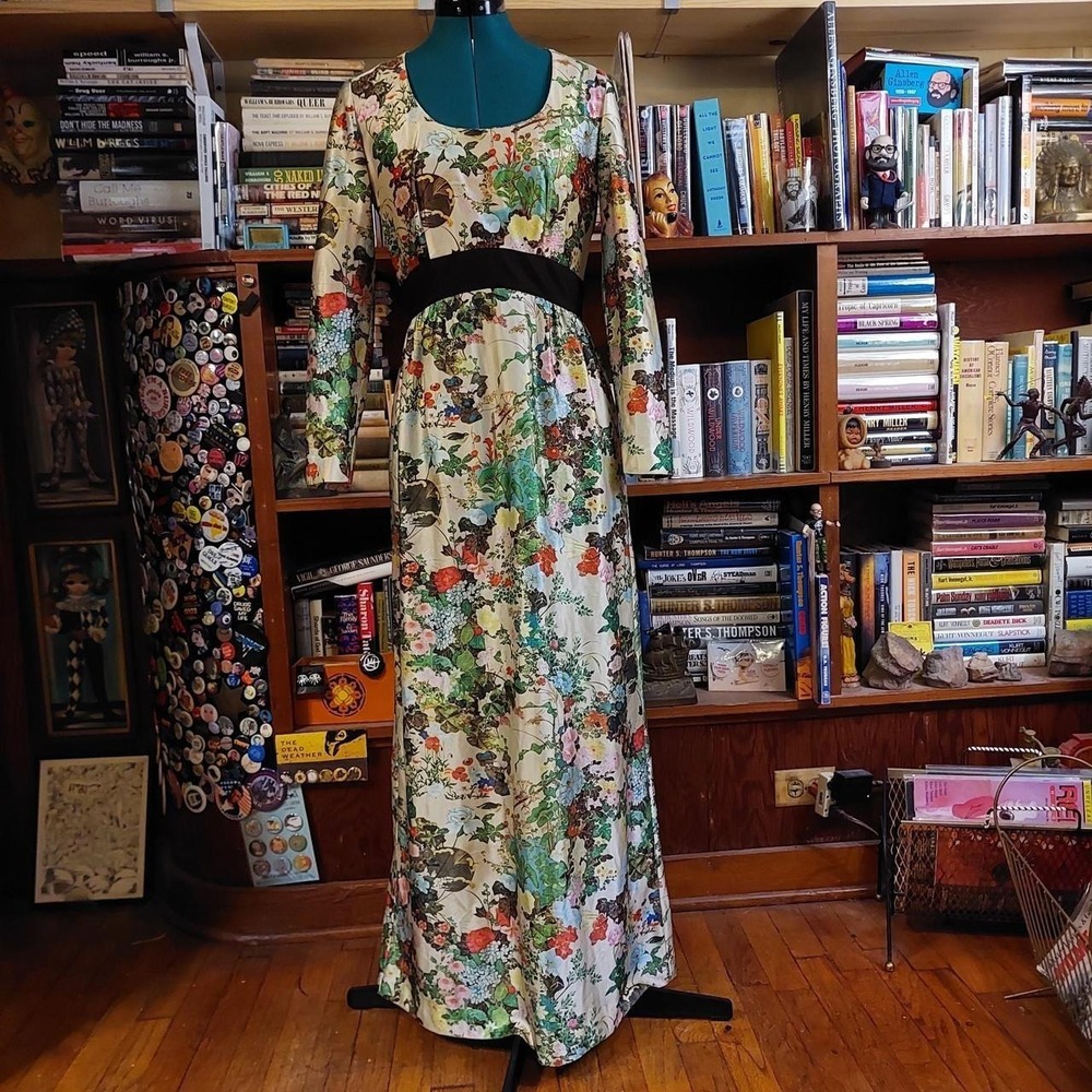 Vintage 70s Floral Boho Maxi Dress Cream Multi High Waist Long Sleeve XS